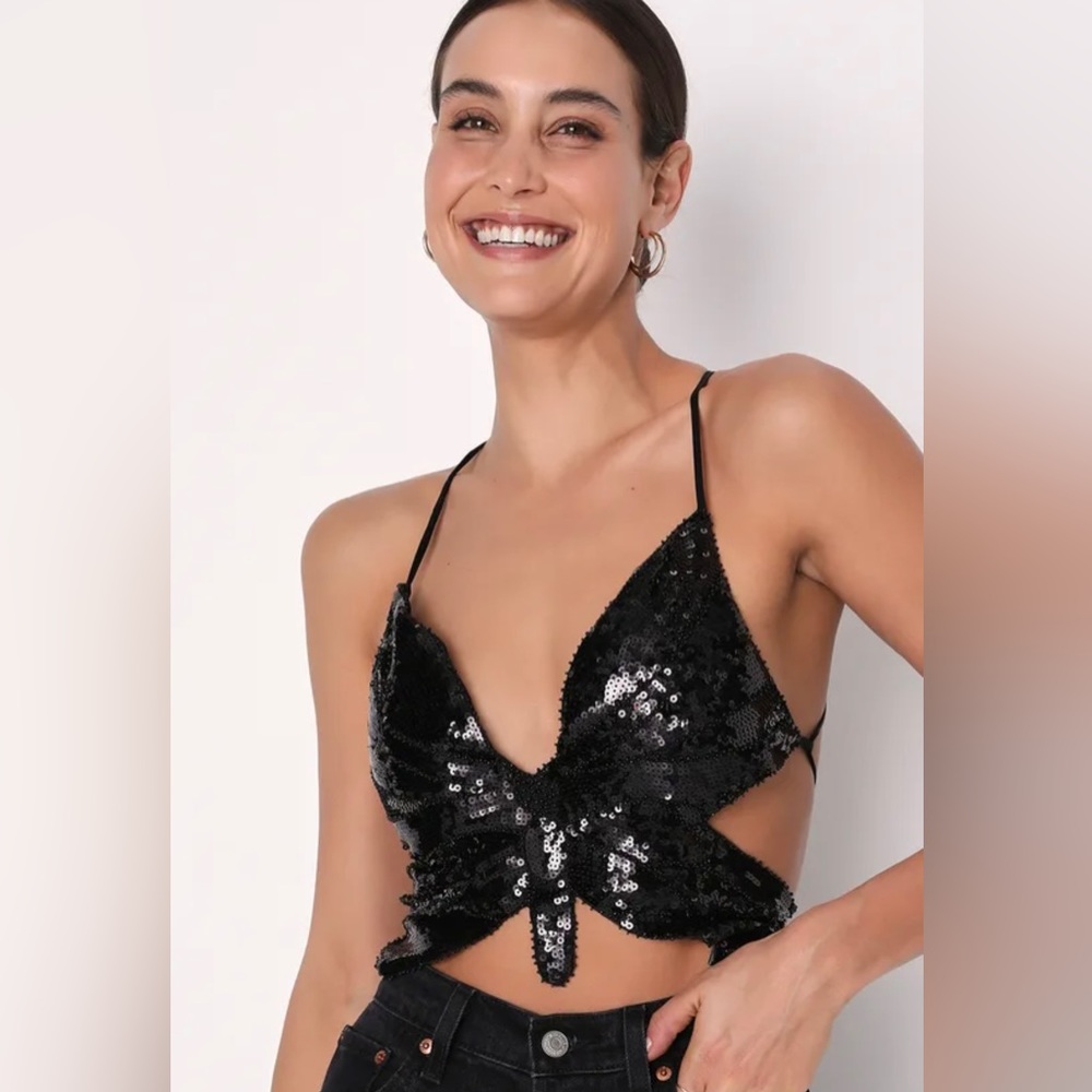 Kai Black Sequin Lace-Up Backless Butterfly Top